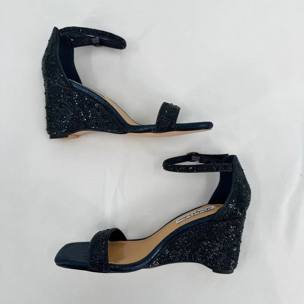 Black Beaded Ankle-Strap Wedge Sandals